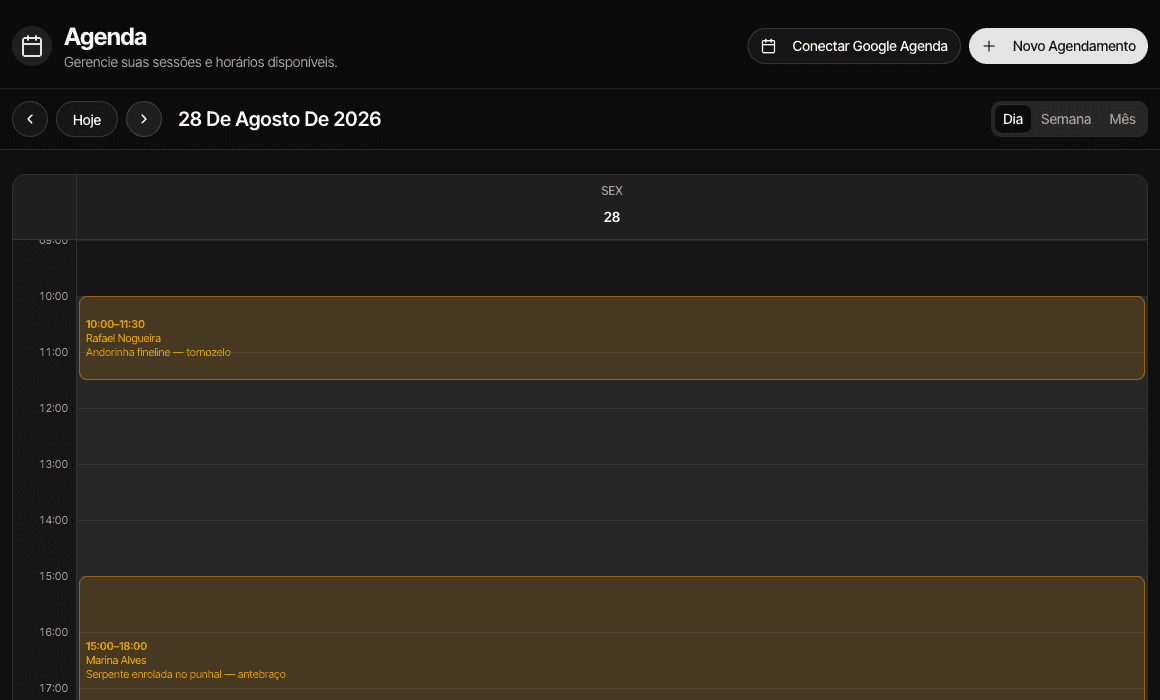 Visão de um dia da agenda com duas sessões
