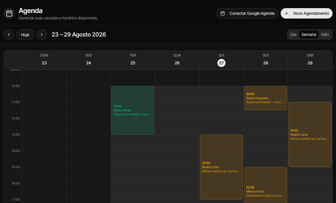 Agenda semanal com as sessões marcadas