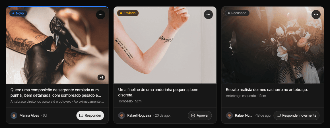 Cards de solicitações de orçamento com imagens de referência
